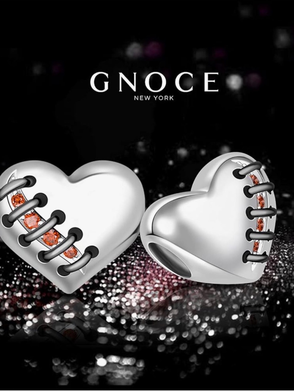 Gnoce silver Heart Charm with Crystal Stitch Detail